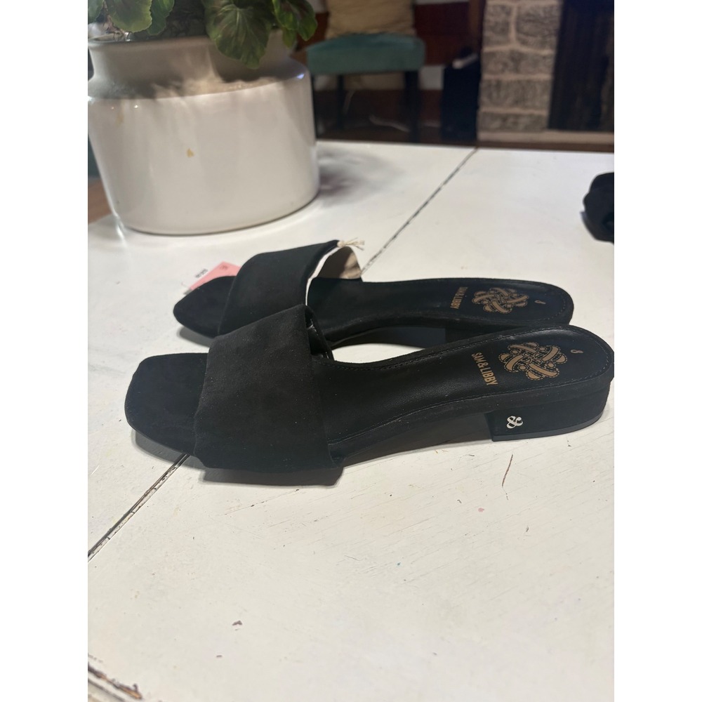 Sam & Libby Karissa Slide Black Suede Square Toe Low Block Heel Sandals Womens 8 - Picture 4 of 7